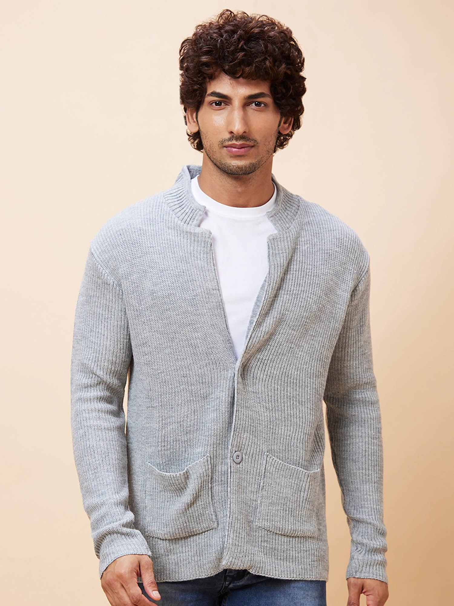 men grey solid casual cardigan sweater