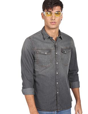 men grey solid chambray weave pure cotton casual shirt