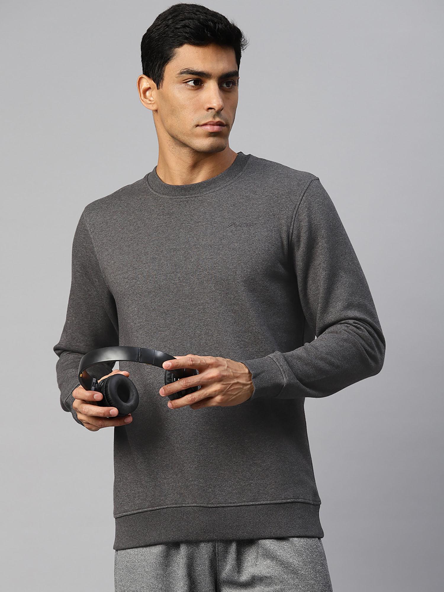 men grey solid cotton regular fit sweatshirt