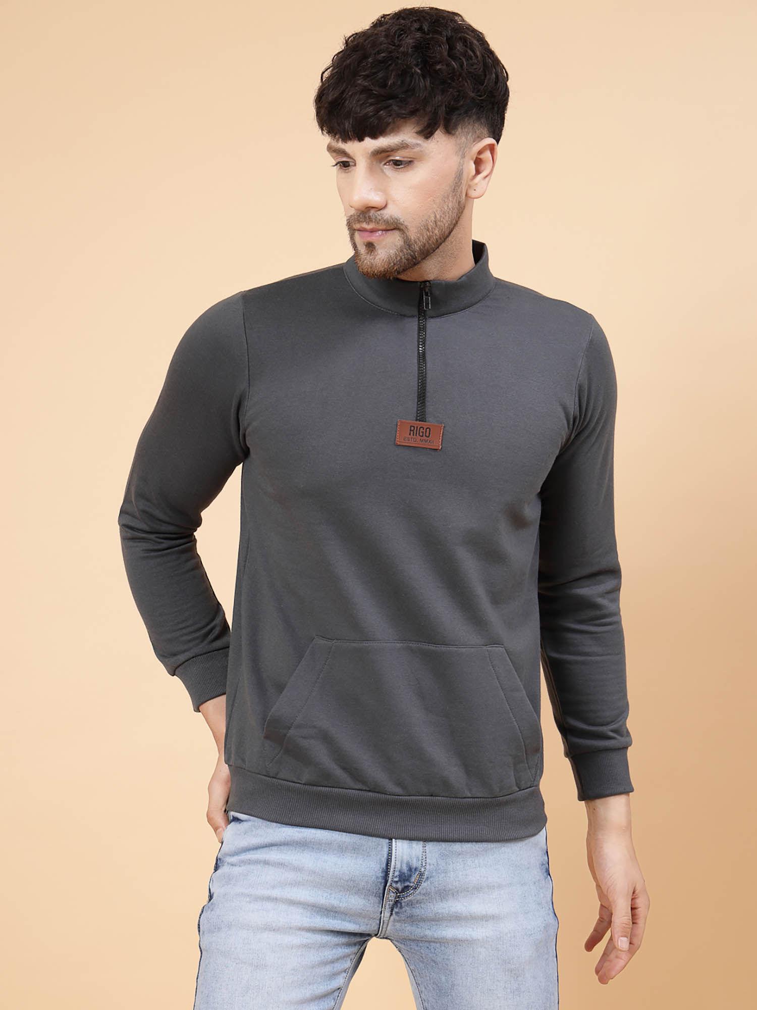 men grey solid fleece henley neck sweatshirt