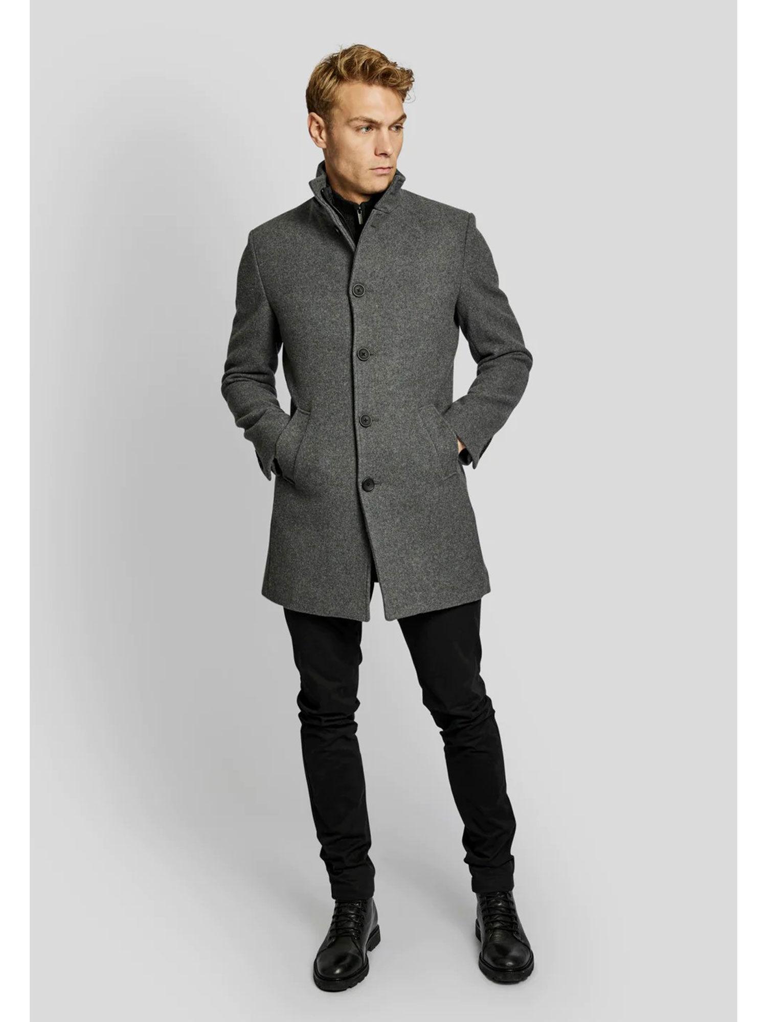men grey solid high stand collar long sleeves overcoat