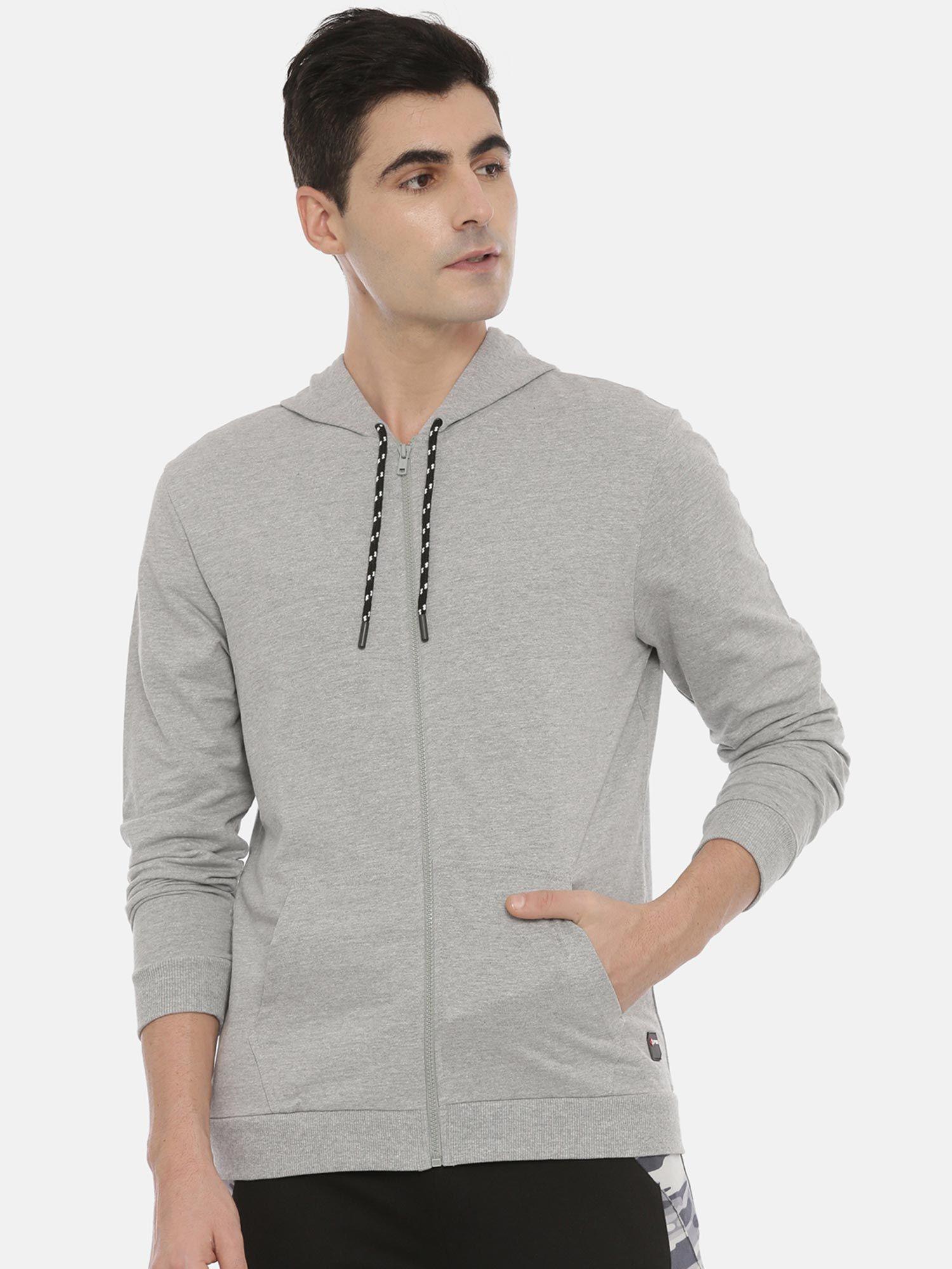 men grey solid hooded sweatshirt