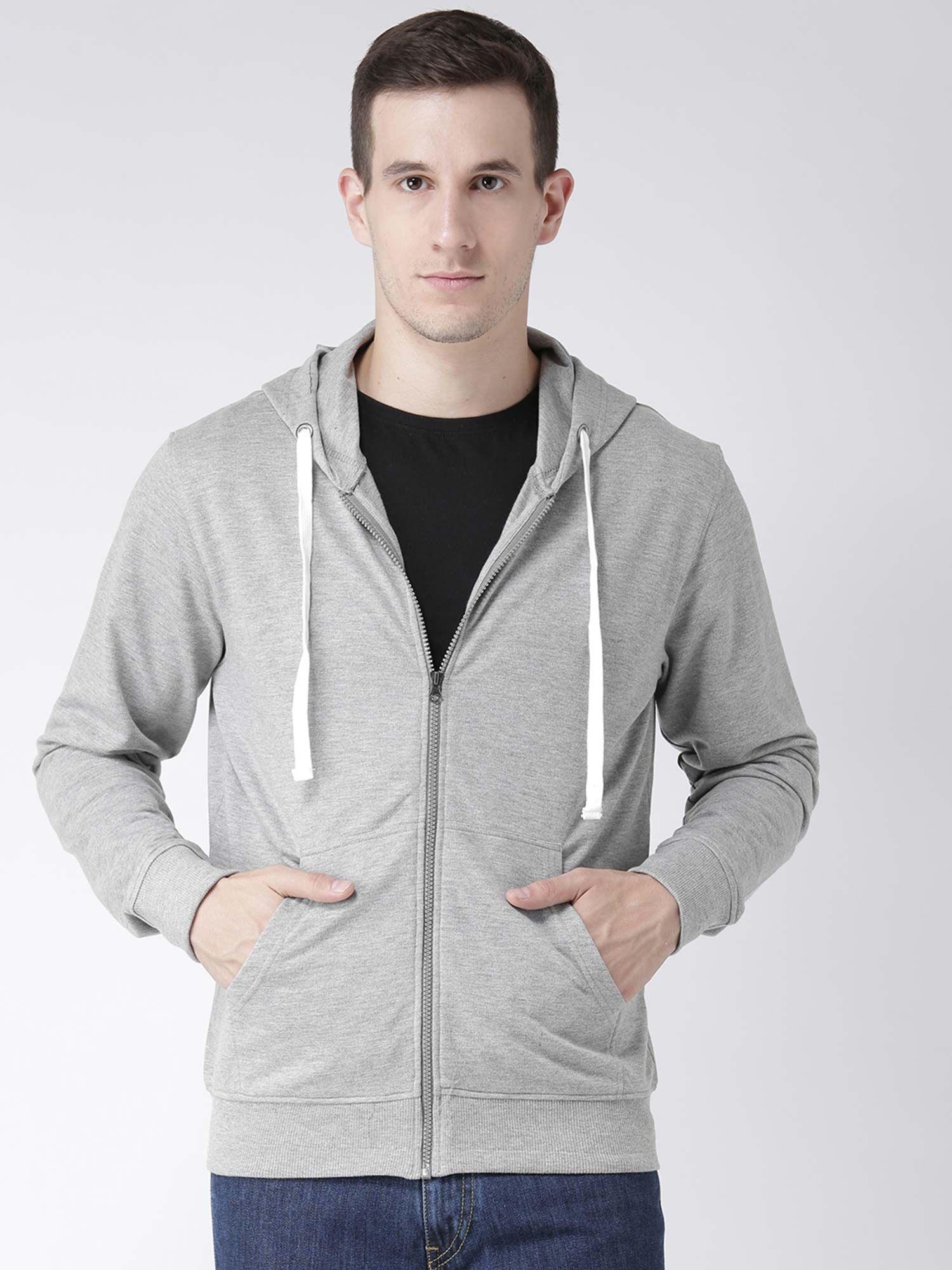 men grey solid hooded sweatshirt