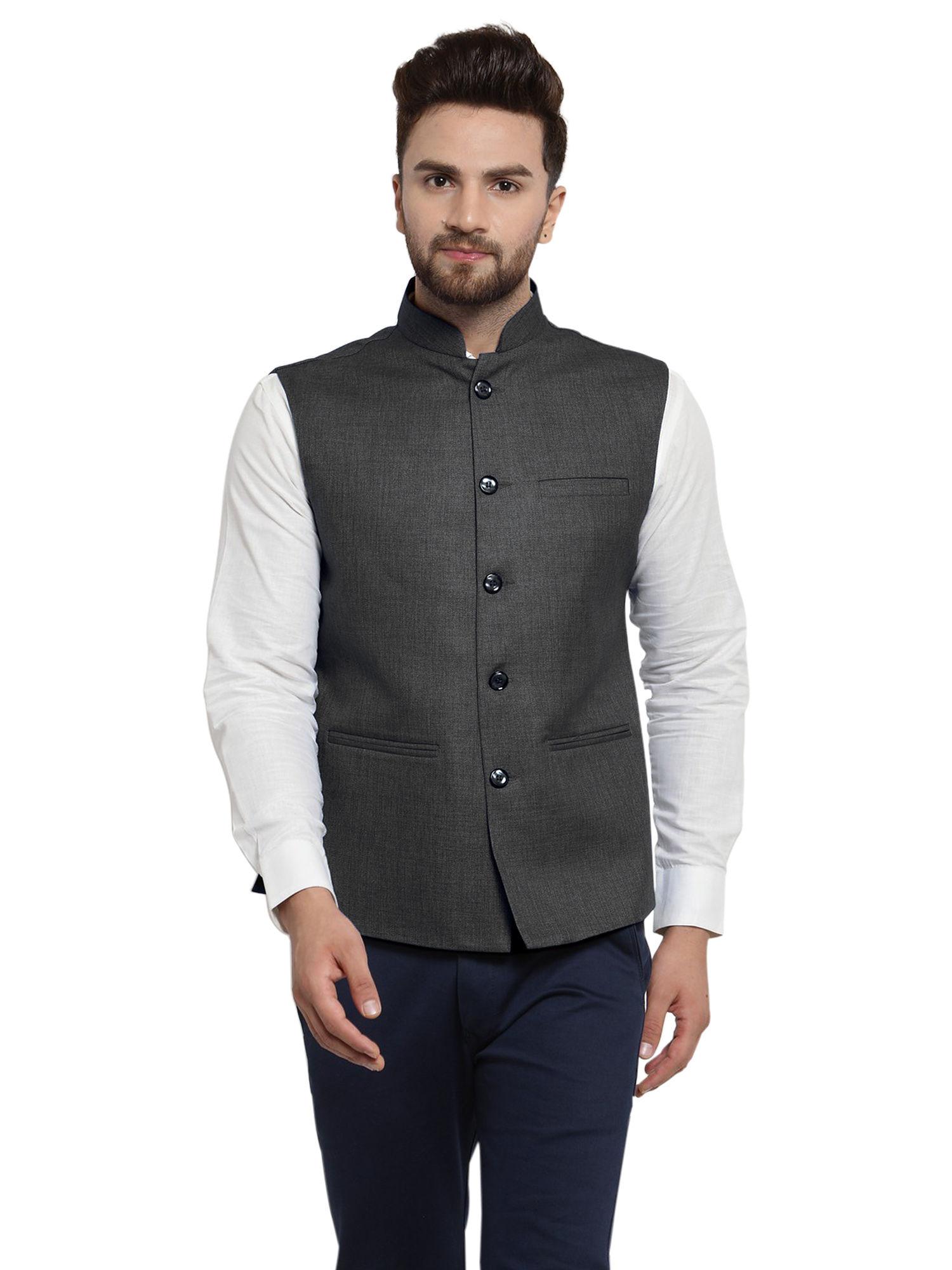 men grey solid nehru jacket