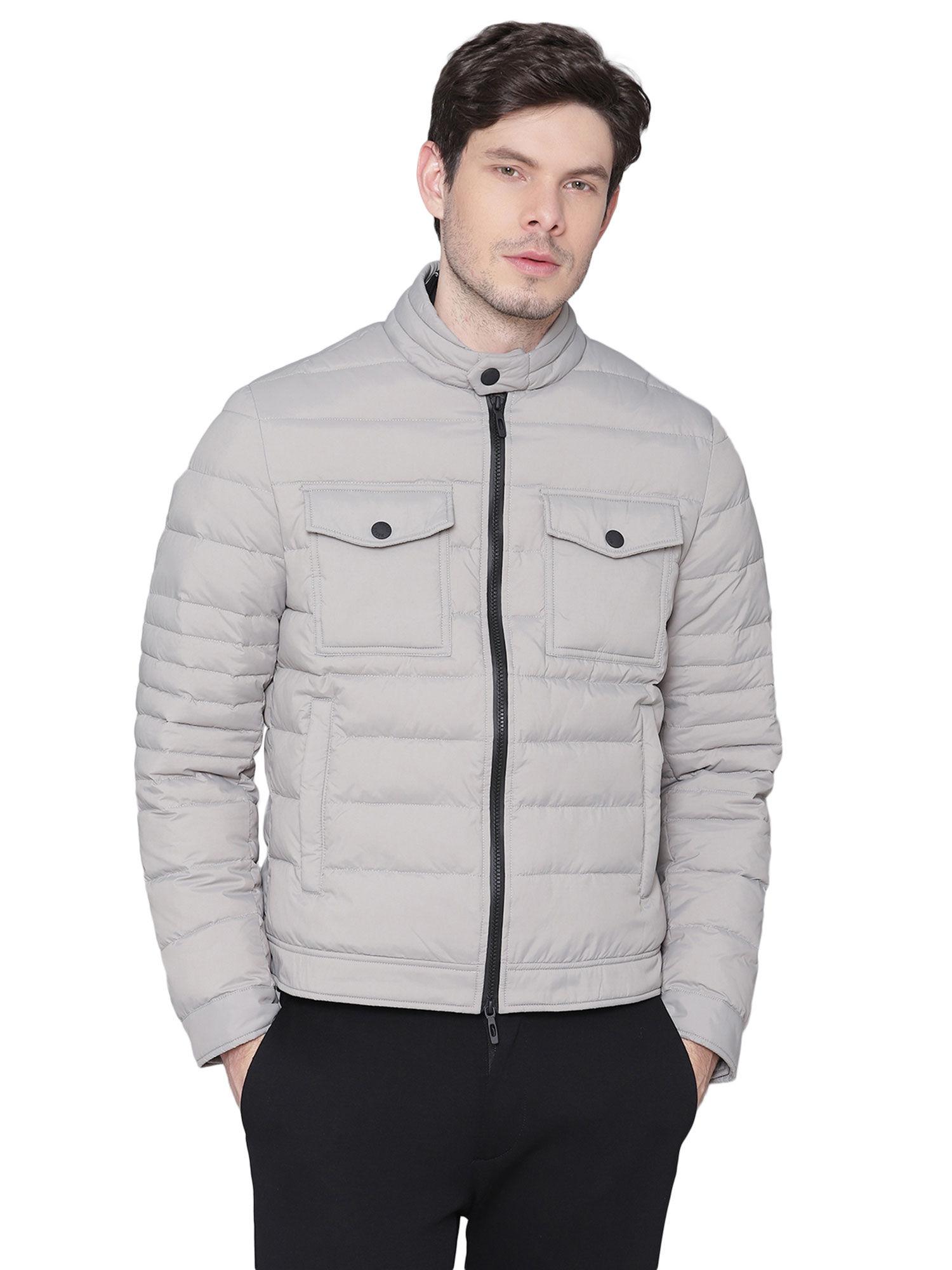 men grey solid regular fit coat