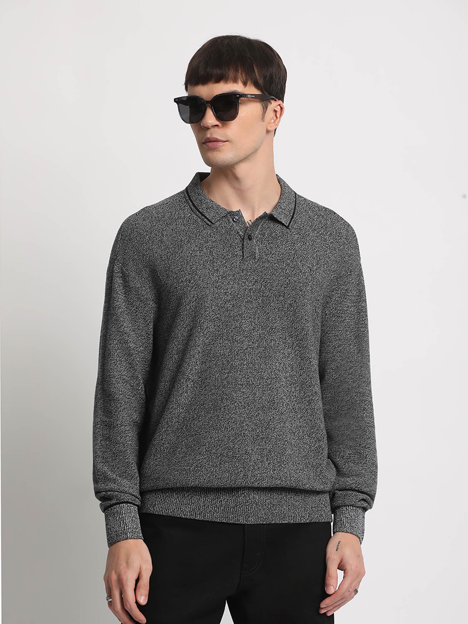 men grey solid regular flat knitted polo