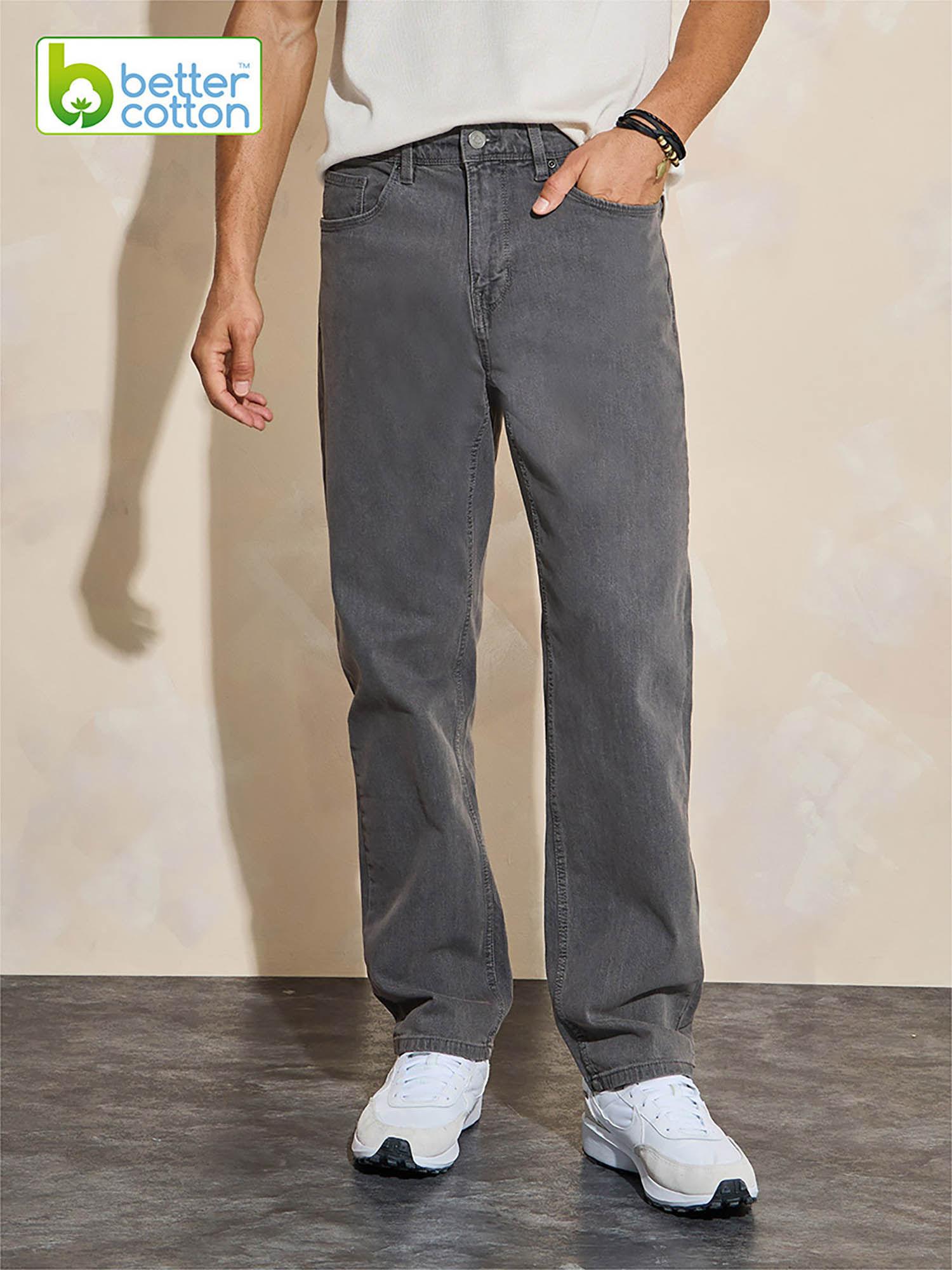 men grey solid relaxed fit stretchable cotton jeans