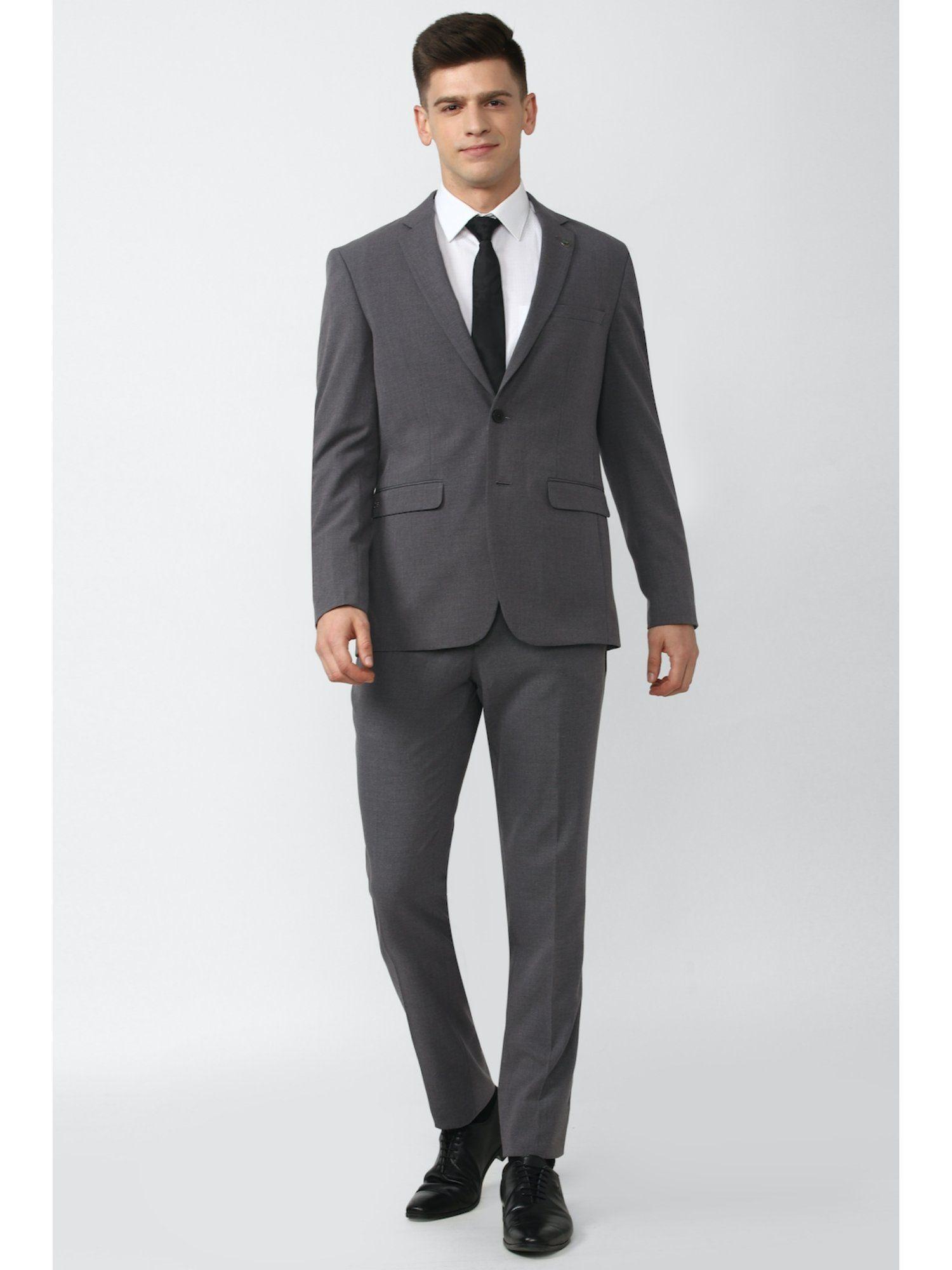 men grey solid slim fit formal two piece suit (set of 2)
