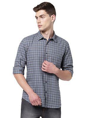 men grey spread collar check casual shirt