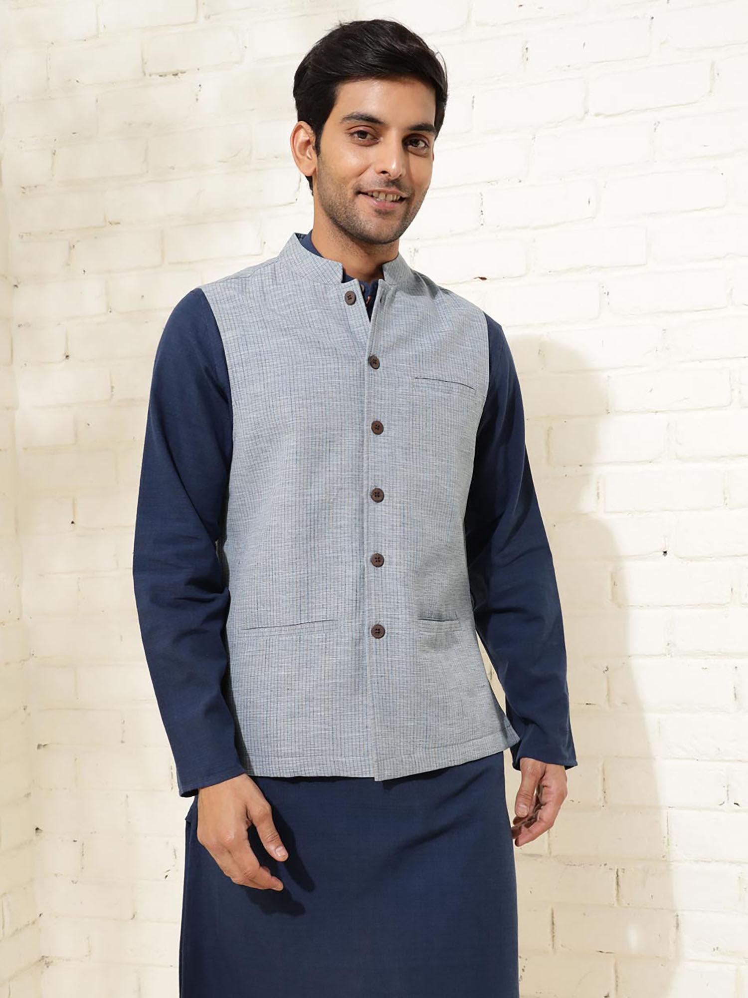 men grey striped cotton nehru jacket