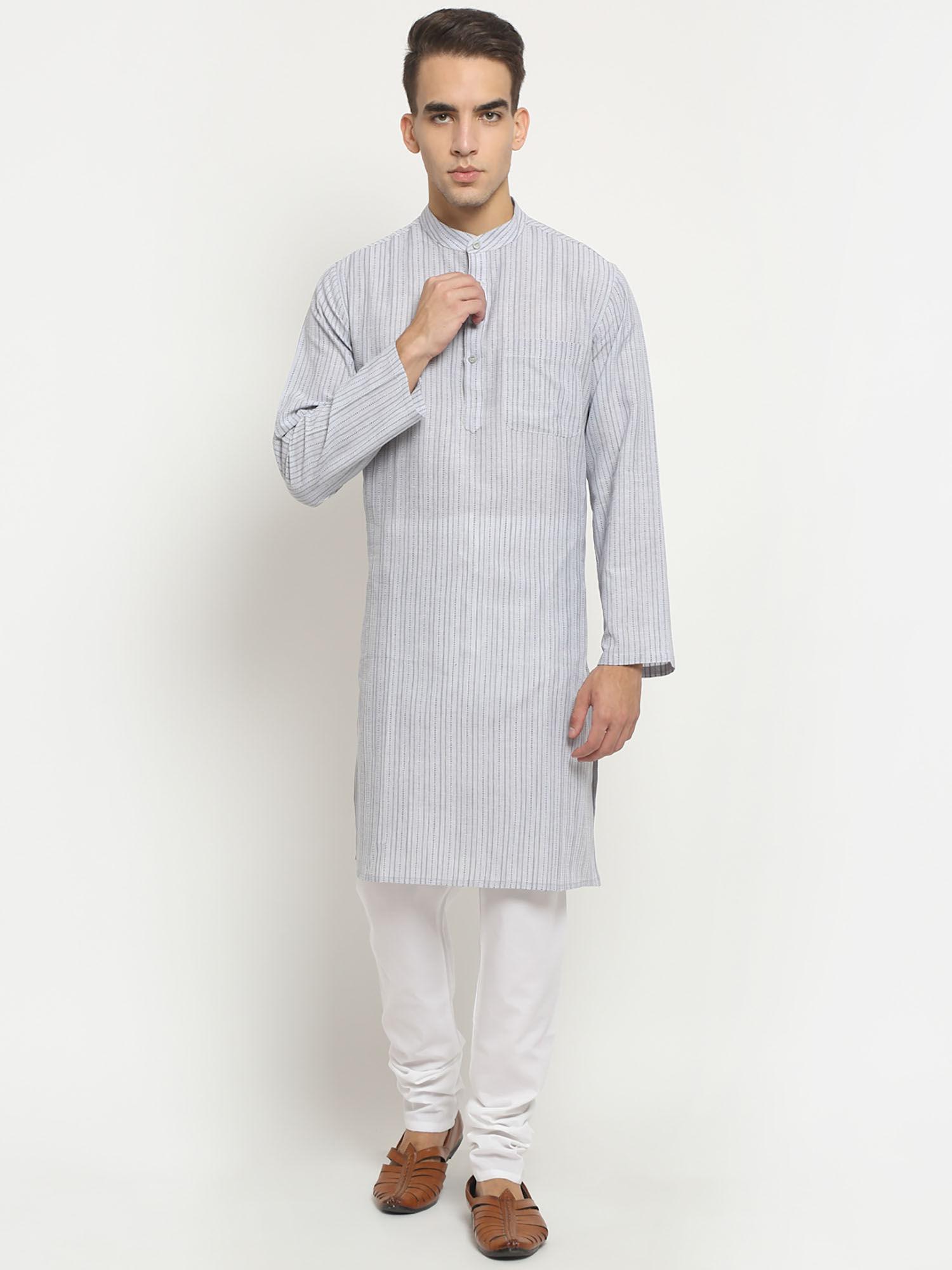 men grey stripes cotton long kurta pajama set