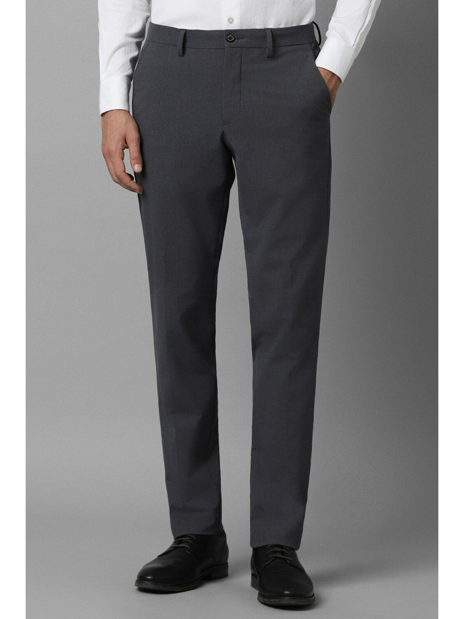 men grey super slim fit solid flat front formal trousers