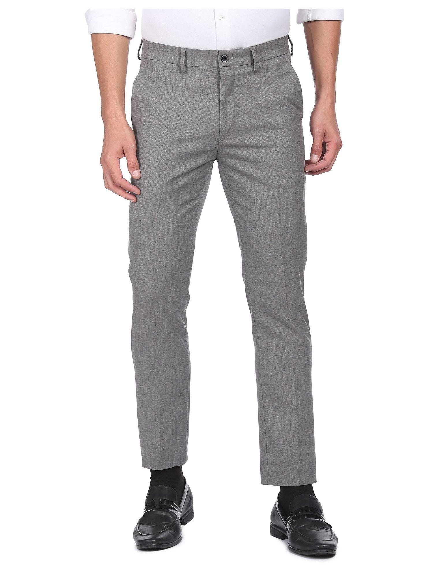 men grey super slim fit woven striped formal trousers