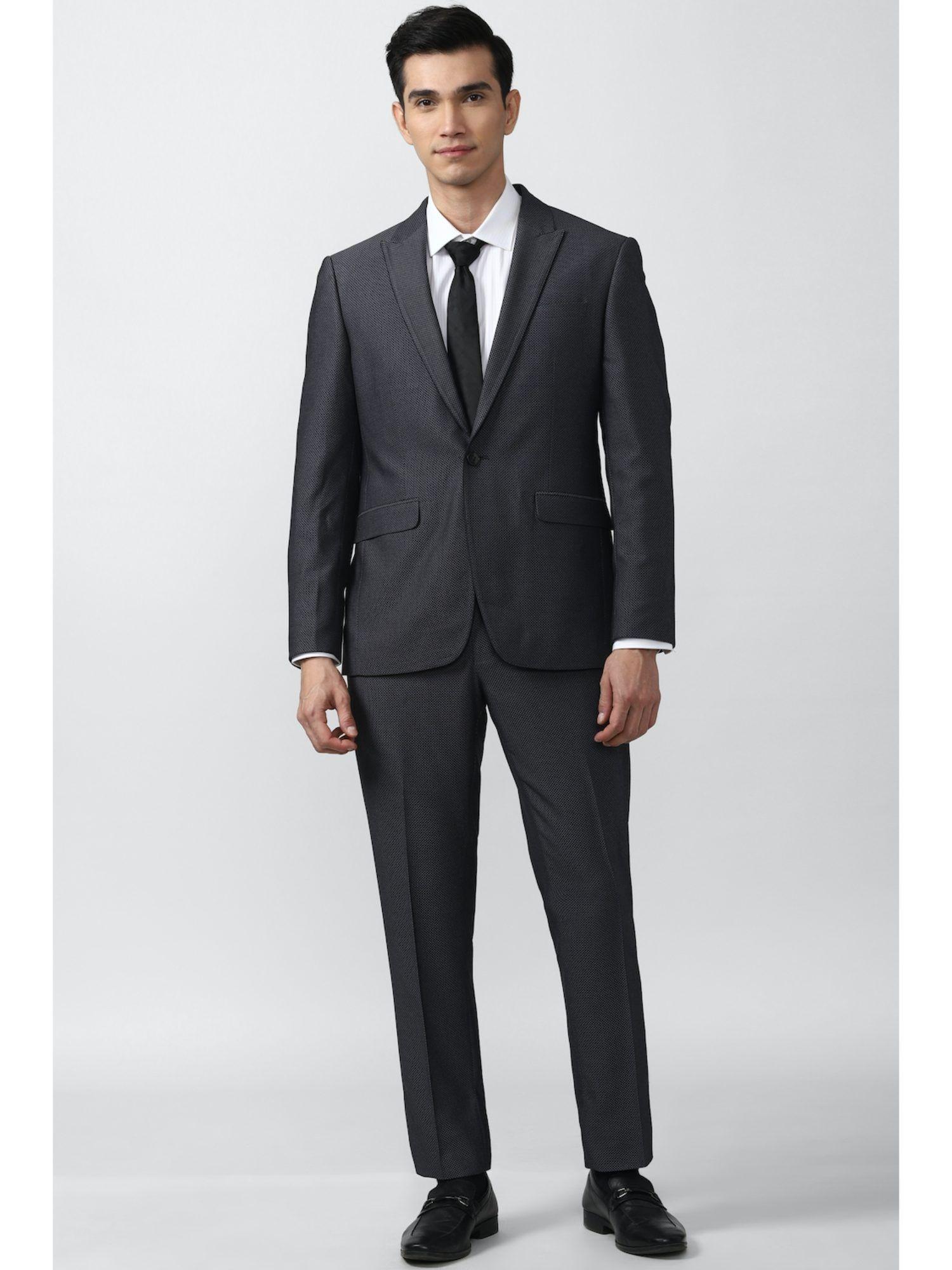 men grey textured slim fit formal suit (set of 2)