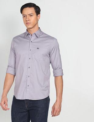 men grey twill manhattan slim fit solid casual shirt