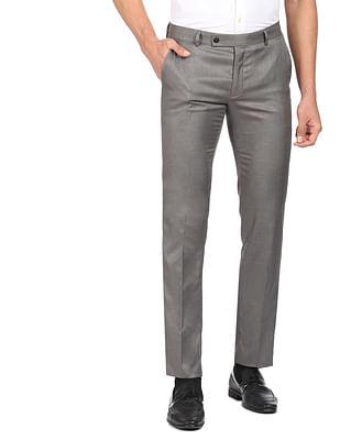 men grey twill weave solid formal trousers