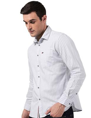 men grey vertical stripe patch pocket casual shirt