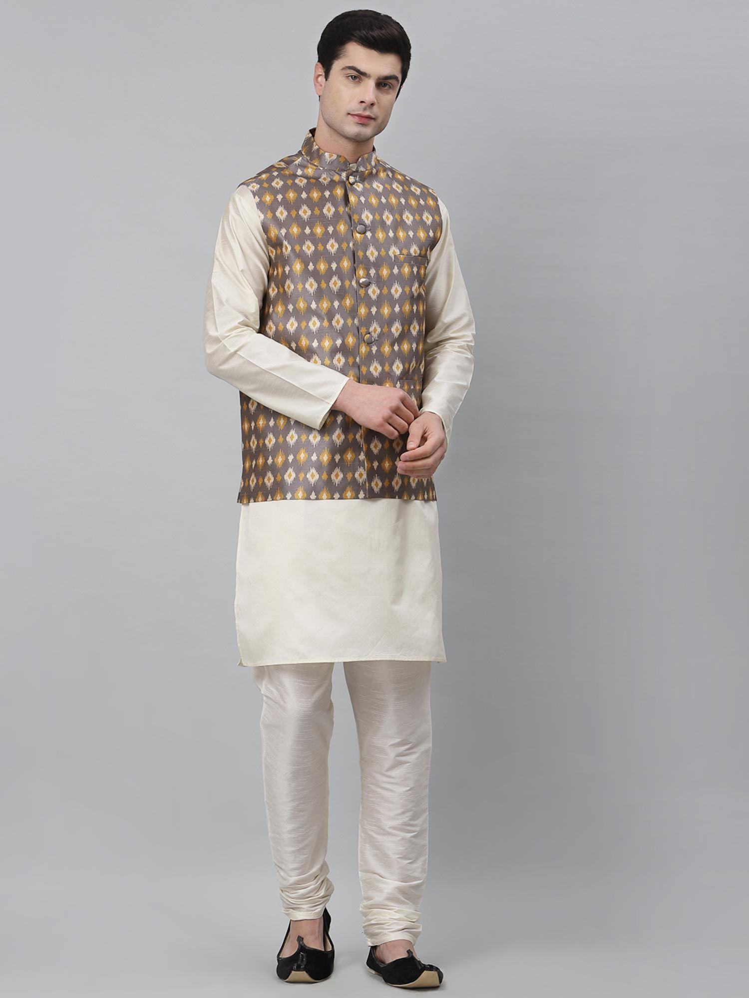men grey white patola print dupion silk waistcoat and kurta pajama (set of 3)