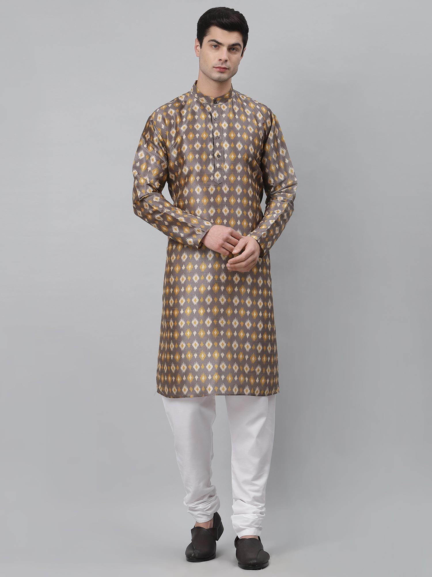 men grey yellow patola print dupion silk kurta and churidaar (set of 2)