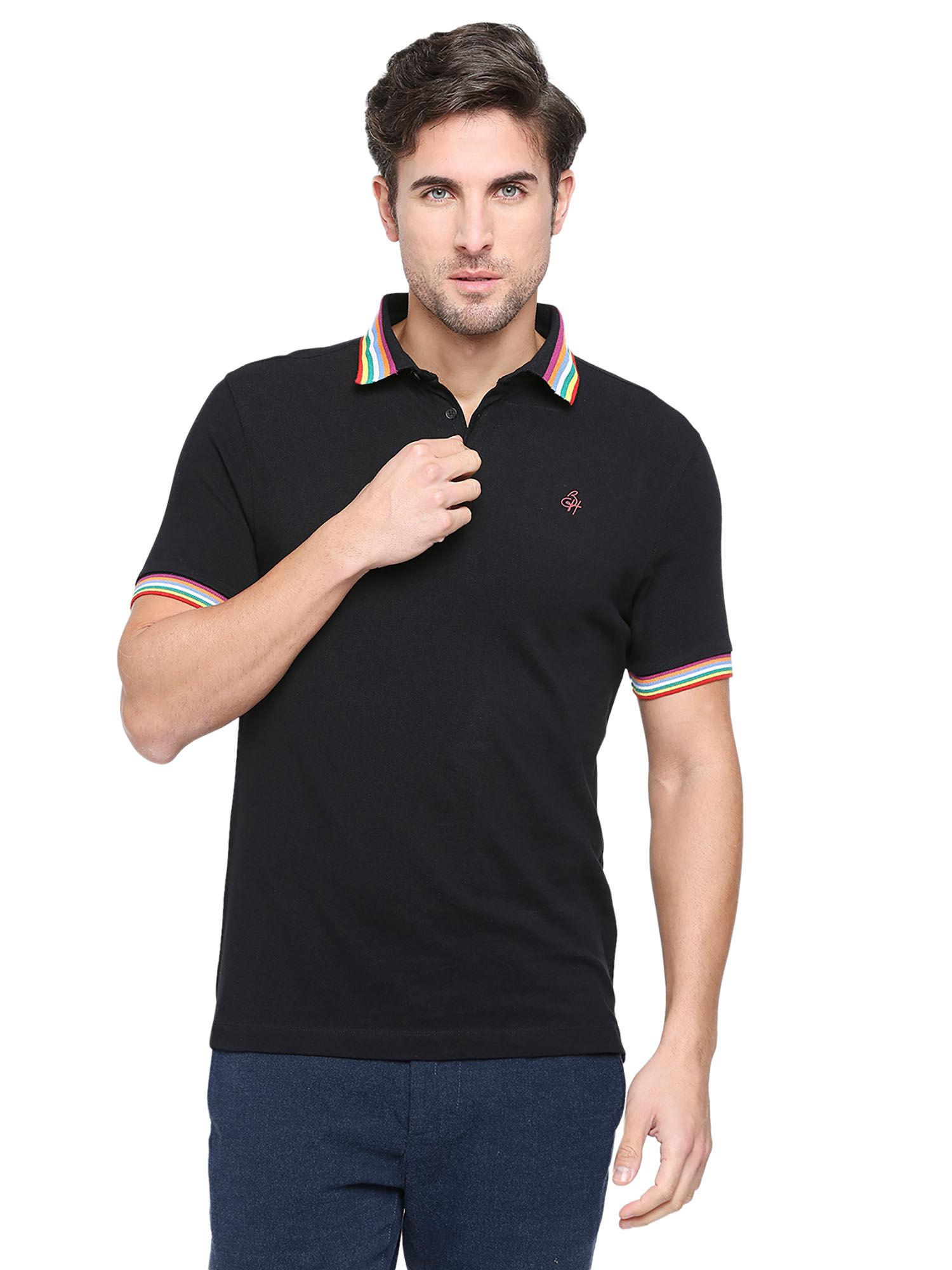men half sleeves black striped polo t-shirt