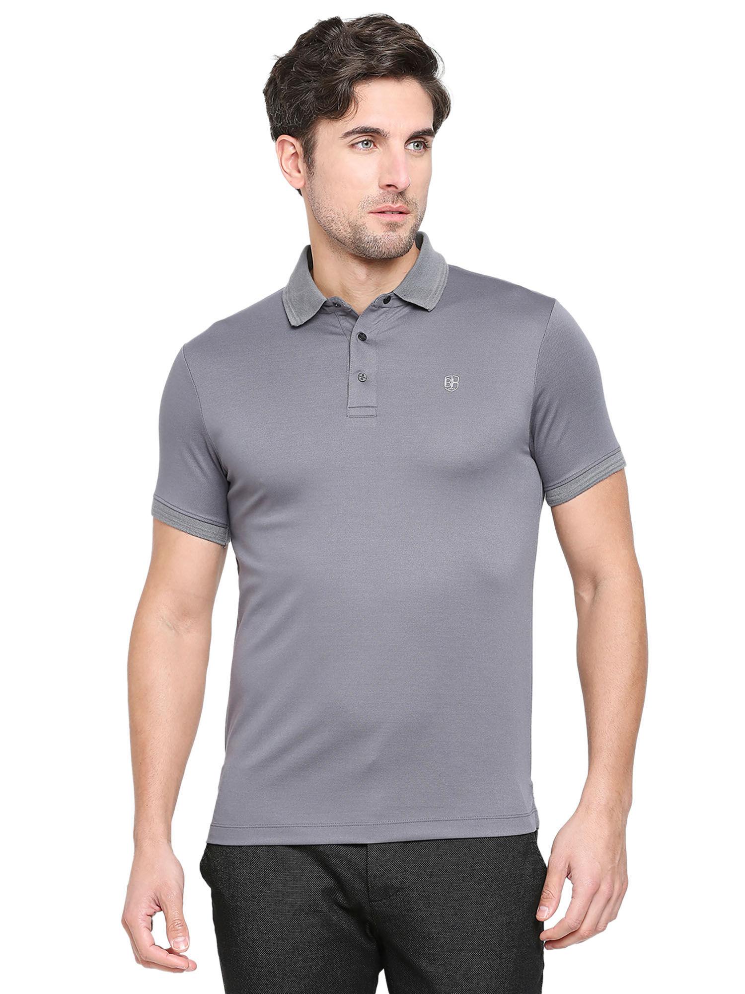 men half sleeves grey solid polo t-shirt