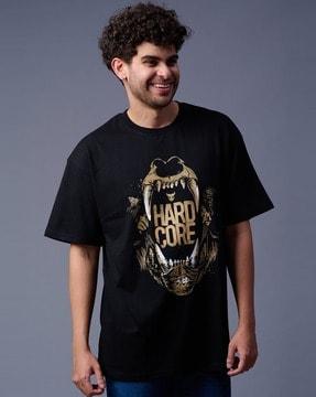 men hard core print oversized crew-neck t-shirt