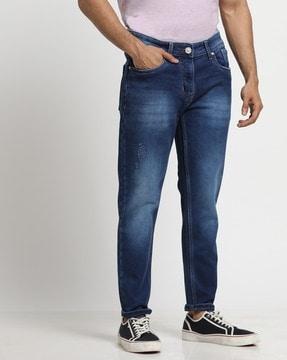 men heavily washed distressed slim fit jeans