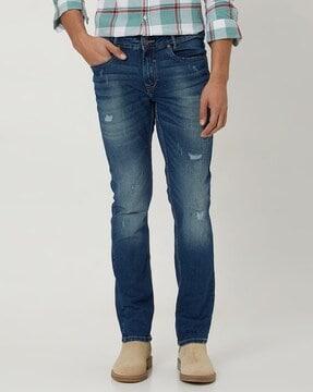 men heavily washed distressed super slim fit jeans