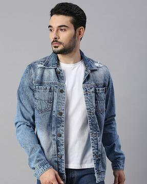 men heavily washed regular fit denim jacket