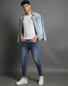 men heavily washed slim fit cropped jeans