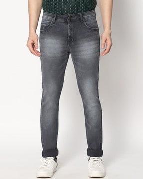 men heavily washed slim fit jeans