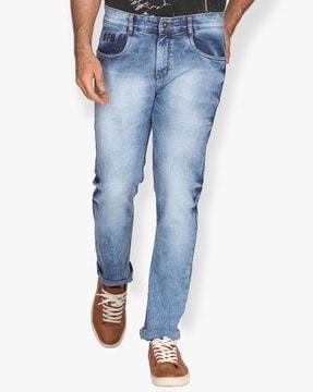 men heavily washed slim fit jeans