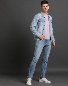 men heavily washed slim fit jeans