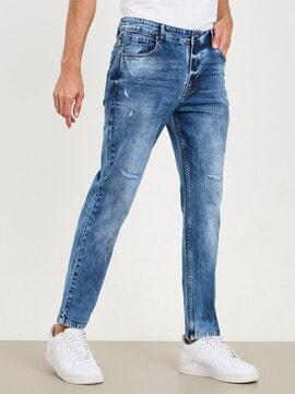 men heavily washed slim fit jeans