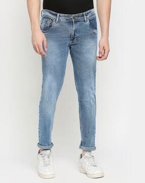 men heavily washed slim jeans