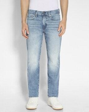 men heavily washed slim straight fit jeans