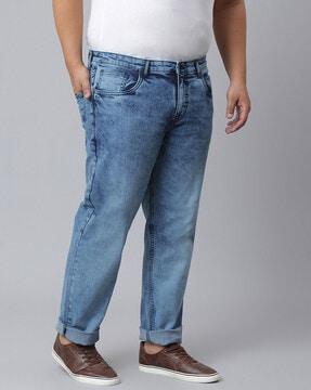 men heavily washed straight fit jeans