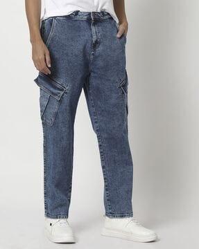 men heavily washed straight fit jeans
