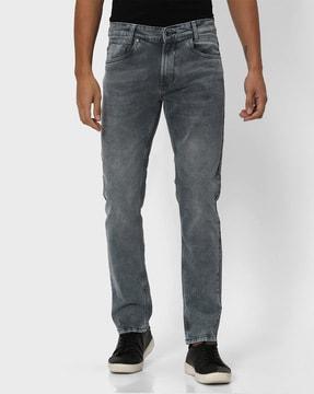 men heavily washed straight fit jeans