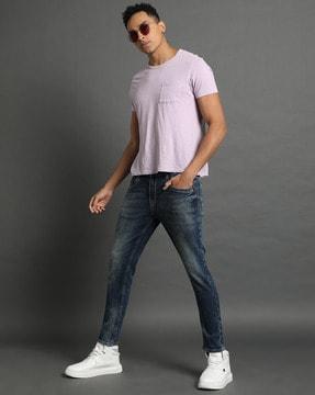 men heavy-wash cropped fit jeans