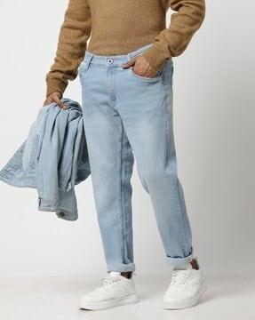 men heavy-wash cropped fit jeans