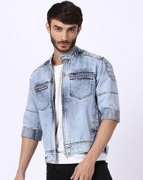 men heavy washed denim jacket