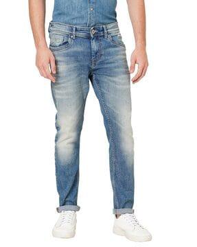 men heavy washed tapered jeans