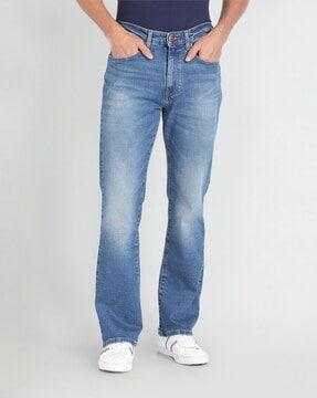 men highly washed straight fit jeans