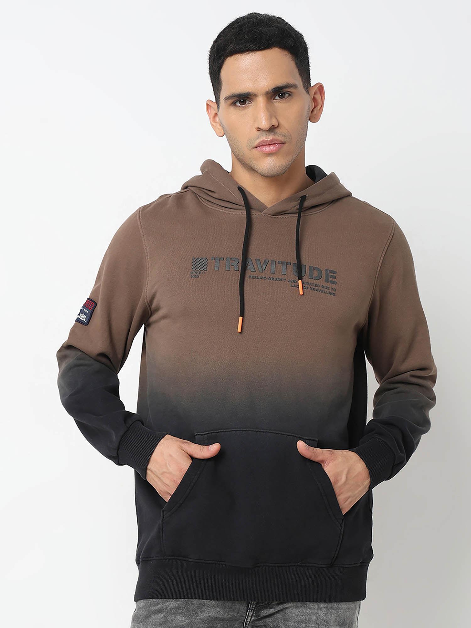 men hooded full sleeves taupe sweatshirt