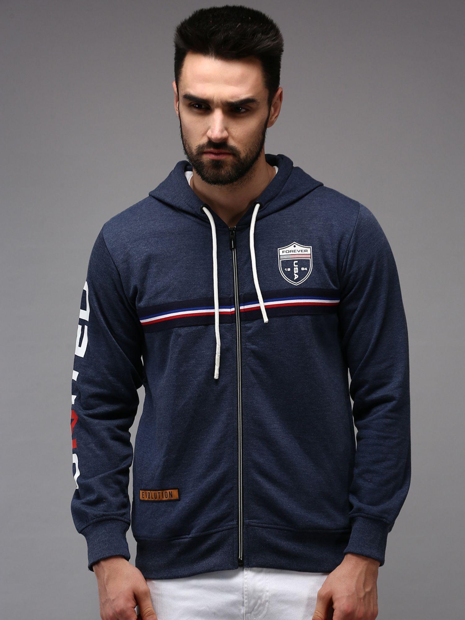 men hooded neck navy blue printed sweatshirt