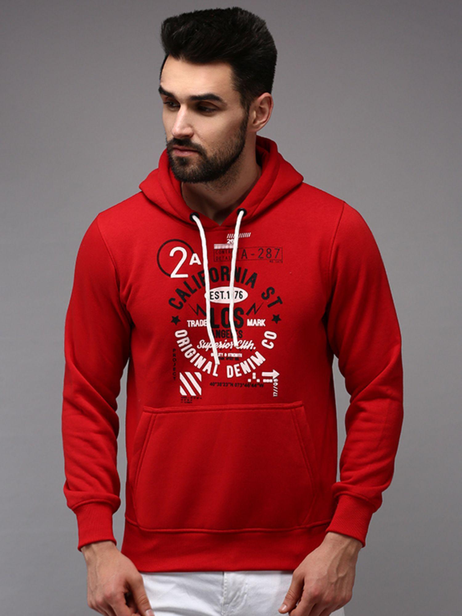 men hooded neck red printed sweatshirt