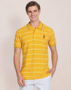 men horizontal striped slim fit cotton polo t-shirt