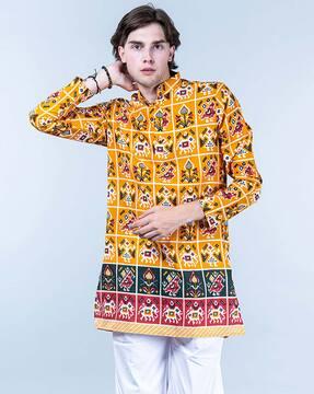 men ikat print regular fit long kurta