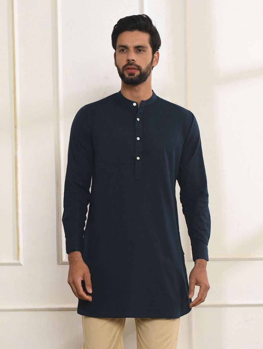 men indigo blue cotton solid mandarin collar regular fit kurta